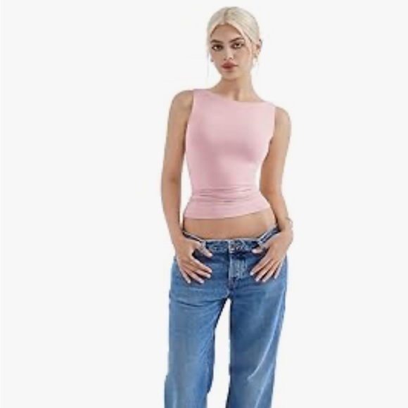 NWT SUUKSESS Padded Open Back Boat Neck Tank Tops Double Lined Large Pink - Picture 5 of 7